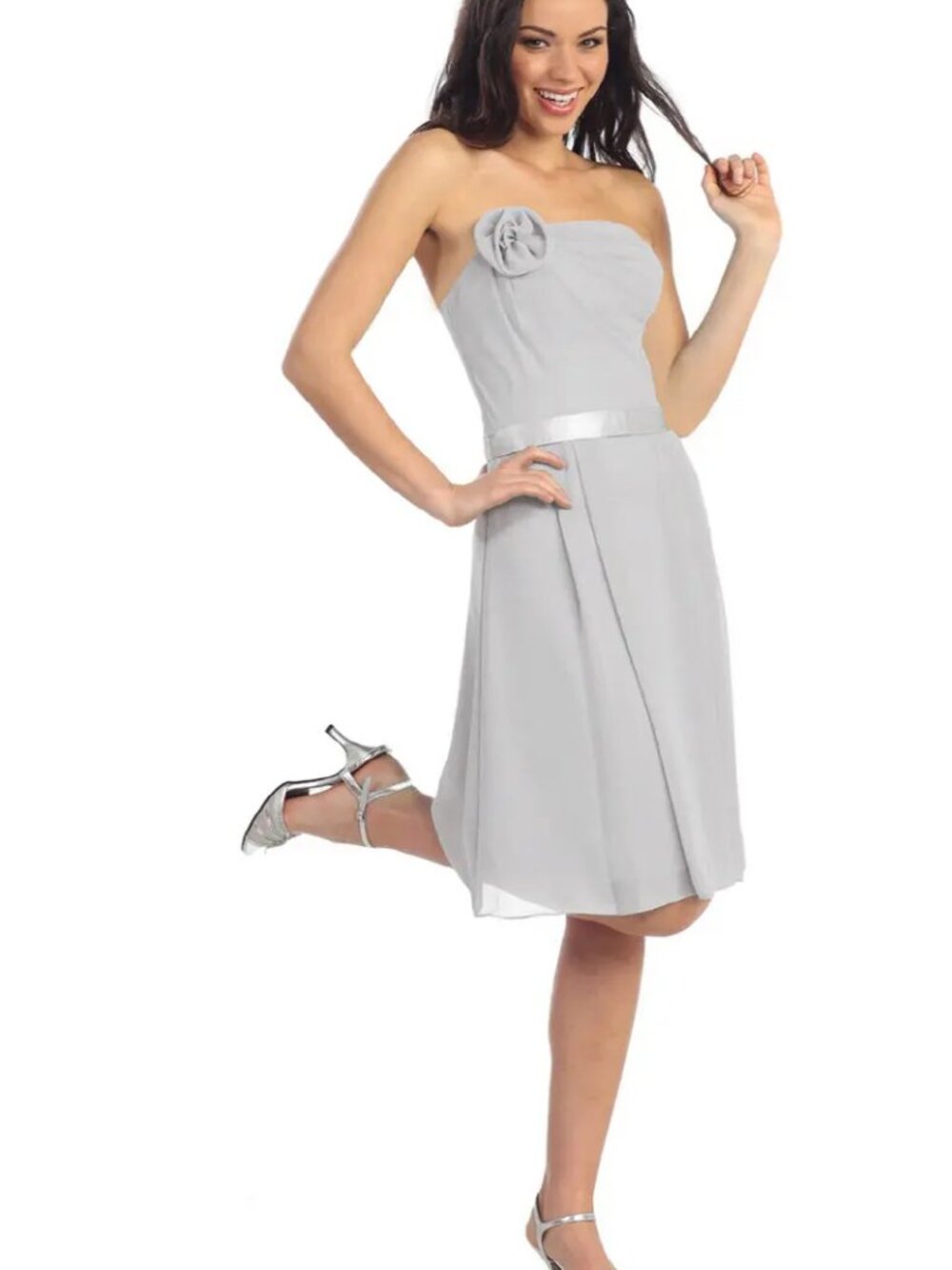 NEW SILVER Satin & Chiffon Strapless Cocktail Dress Formal GS1080